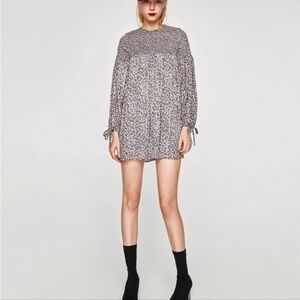 NEW Zara Mini Floral Smocked Romper Long Sleeve XS Built-in Shorts Mini Dress